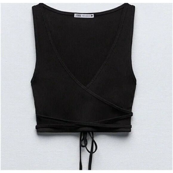 Zara Women’s NWT Black Ribbed V-Neck Crop Top Long Tie Up Shirt Sleeveless S/M - Picture 2 of 10